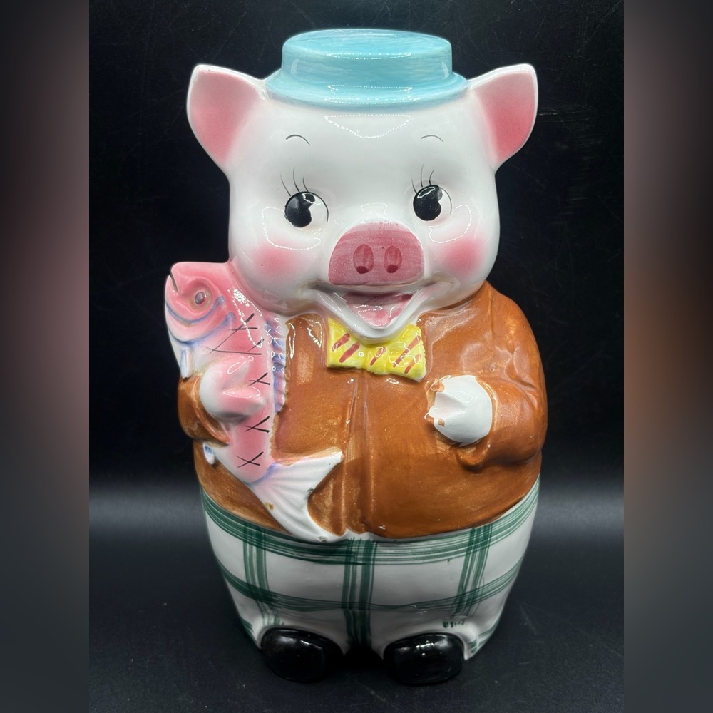 Vintage Anthropomorphic Pig & Fish Hand Painted Kitsch Ceramic Piggy Coin Bank